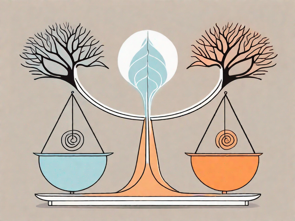 A balancing scale with a symbol of vertigo (spiral) on one side and a symbol of menopause (a leafless tree) on the other