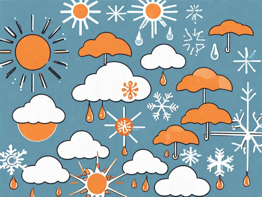 A symbolic representation of a calendar with various weather symbols (like sun